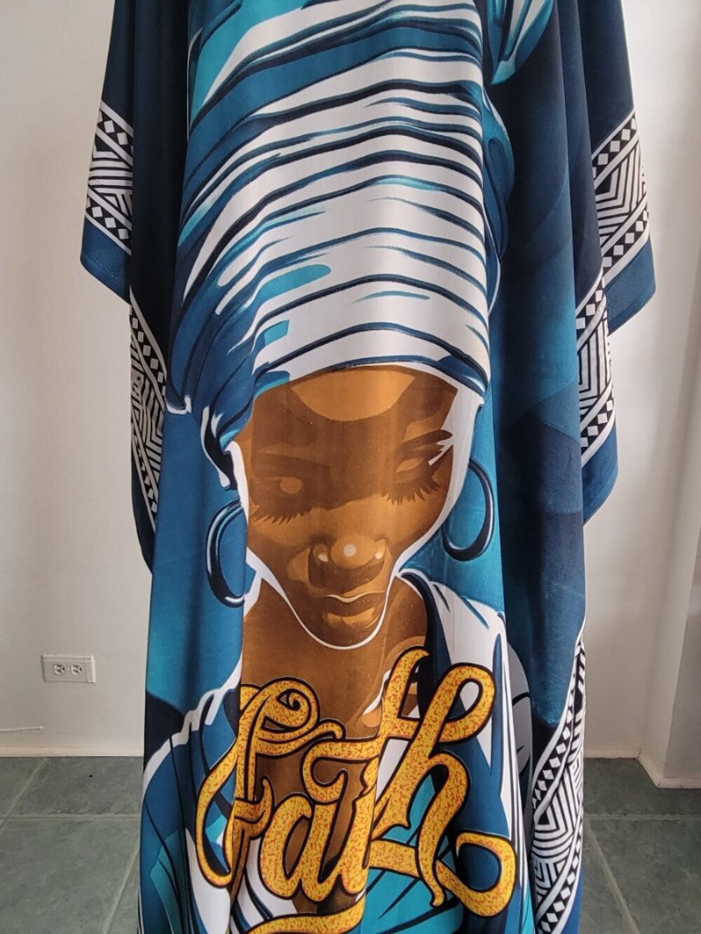 African Print Blue & White Abstract Faith Graphic Kaftan Dress - Picture 4 of 15